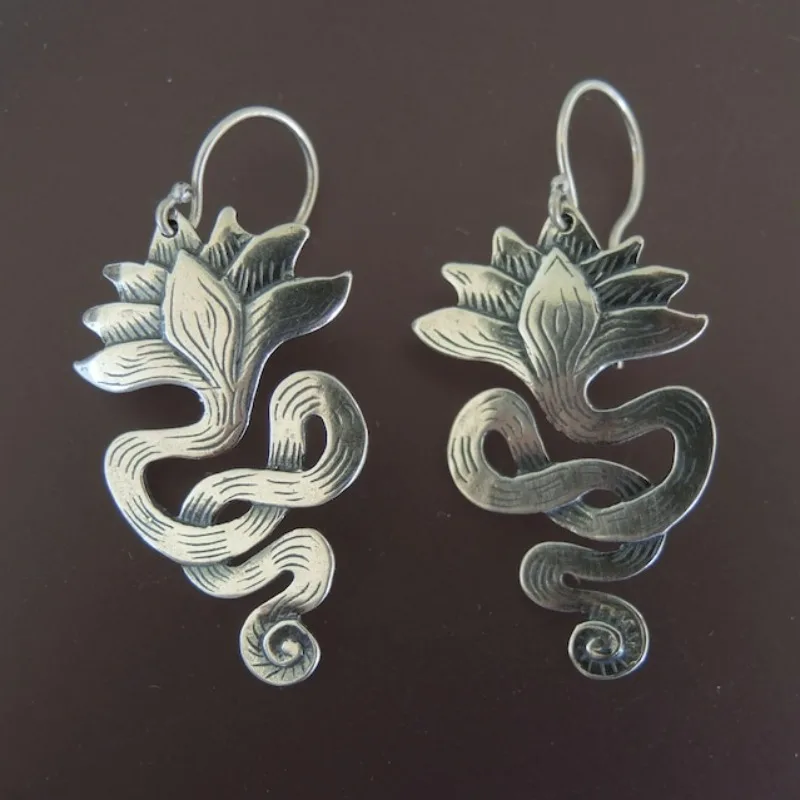 Orecchini vintage a forma di serpente floreale in argento sterling